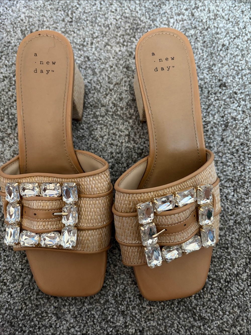 a new day Tan Jeweled Woven Block Heel Mules
